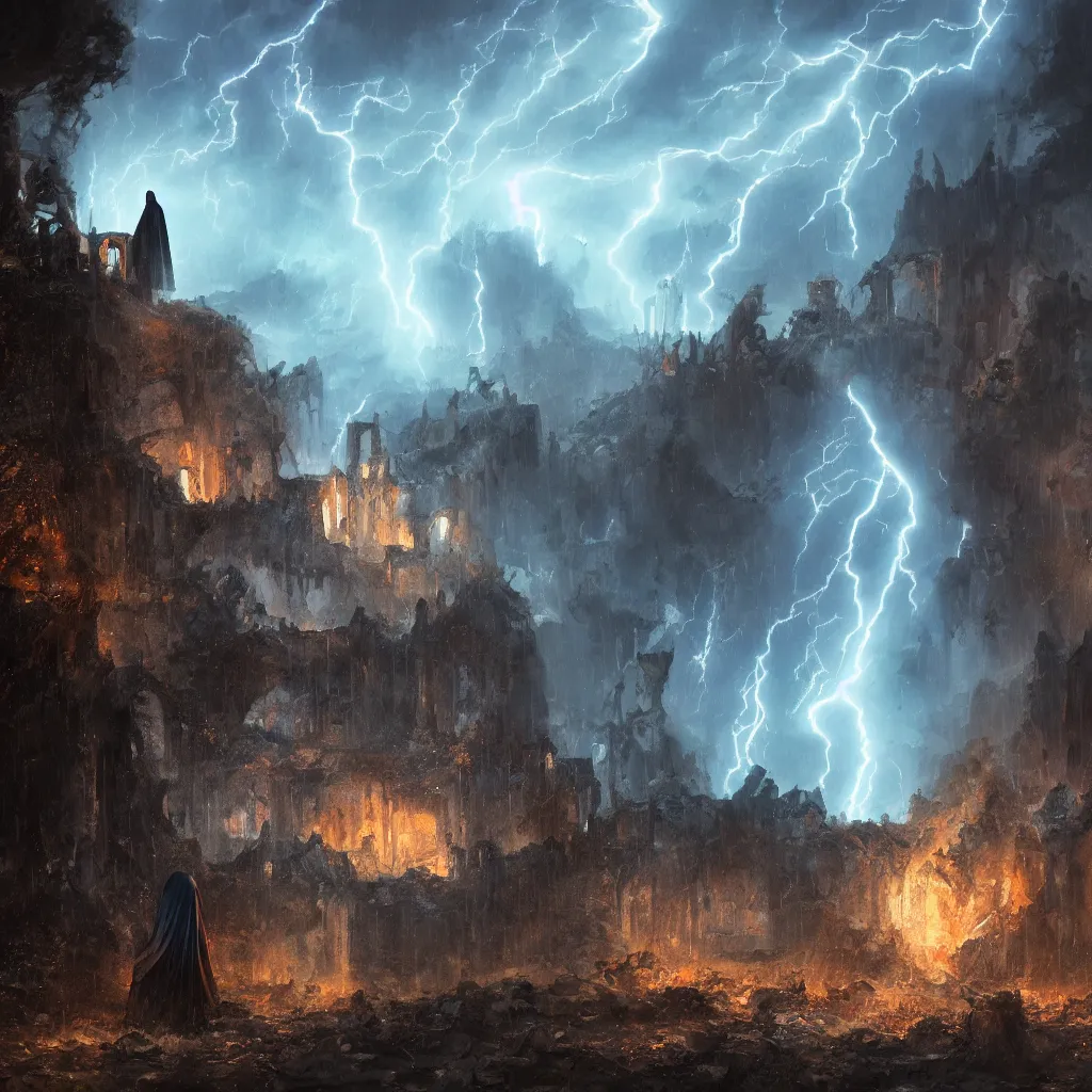 Image similar to a still of a cloaked figure standing in the ruins of crux prime, monastery, there is lightning, blue fiery maelstrom in the distance, it is raining, digital art, artstationhq