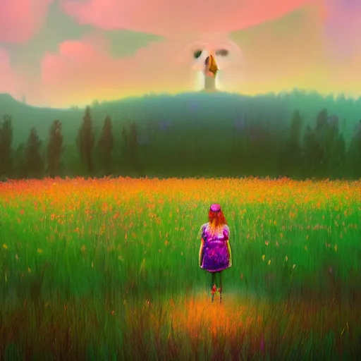 Image similar to girl with a flower face, surreal photography, dream, standing in flower field, magical, in a valley, sunrise dramatic light, impressionist painting, colorful clouds, artstation, simon stalenhag