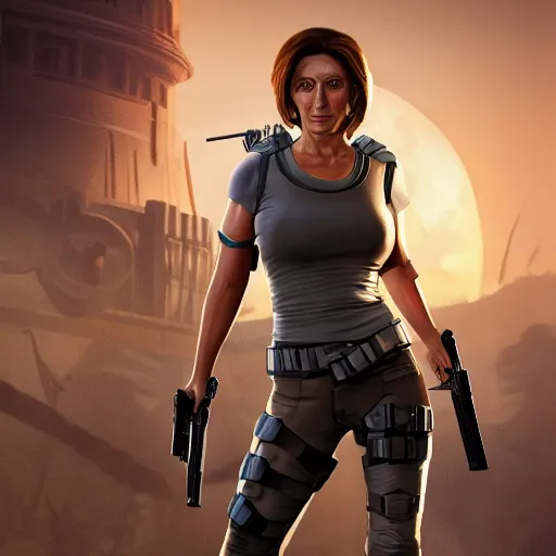 Prompt: Nancy Pelosi as Lara Croft, digital art, artstation, cgsociety, 4k, hyper-detailed
