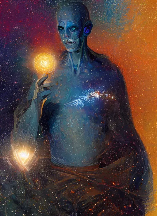 Image similar to high intricate painting of the sandman holding a glimmering galaxy, full shot, neil gaiman, maria panfilova, andrea savchenko, mike kime, ludovic plouffe, qi sheng luo, oliver cook, julian calle, eddie mendoza, trending on artstation