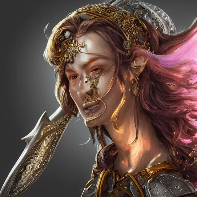 Image similar to studio portrait of lawful good colorful female holy knight paladin as absurdly beautiful, elegant, young sensual pretty woman, ultrafine hyperrealistic detailed face illustration by kim jung gi, irakli nadar, intricate linework, sharp focus, bright colors, matte, octopath traveler, final fantasy, unreal engine highly rendered, global illumination, radiant light, intricate environment