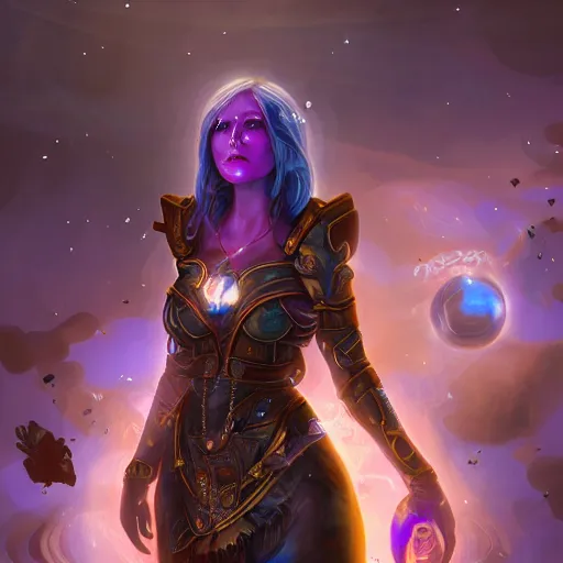 Image similar to Path of Exile, Maven, female image with silver purple hair among colourful lights, dark blue spheres fly around, Anachronism, painting, dark fantasy, steampunk, 4k,