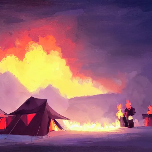 Image similar to a camp with tents on fire, burning down, shadows of 3 girls watching the camp burn, snow, dusk, painted by Sylvain Sarrailh, trending on Artstation
