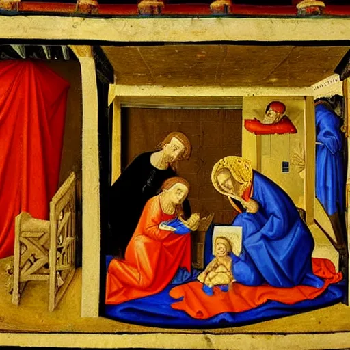 Prompt: Medieval painting of the nativity scene with an Ipod. High resolution. Highly detailed. Art station. 8k