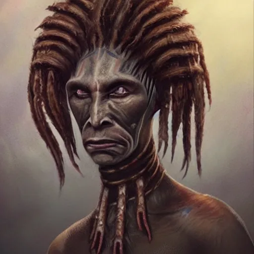 Image similar to Maori Tlingit Klingon with head crest and dreadlocks, alien bestiary by Greg Rutkowski