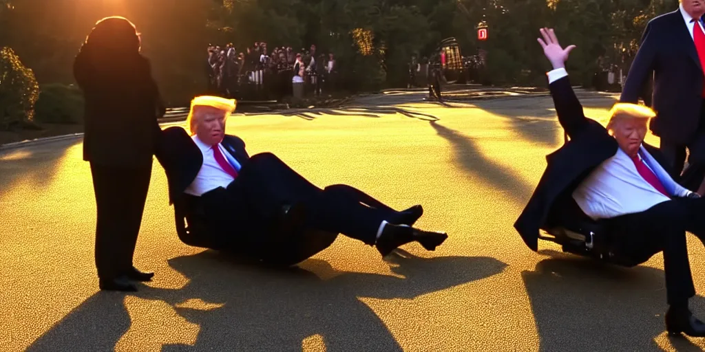 Image similar to Donald trump falls off of a trolly, caught in 4K, golden hour