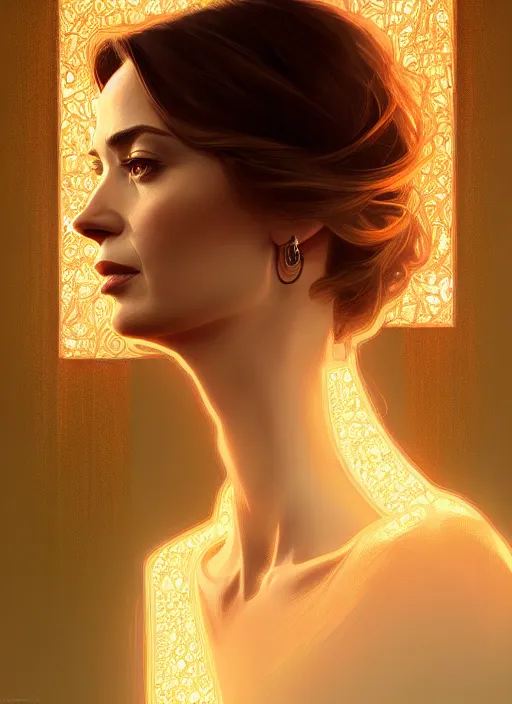 Prompt: portrait of emily blunt, intricate, elegant, glowing lights, highly detailed, digital painting, artstation, glamor pose, concept art, smooth, sharp focus, illustration, art by wlop, alphonse mucha and craig mullins