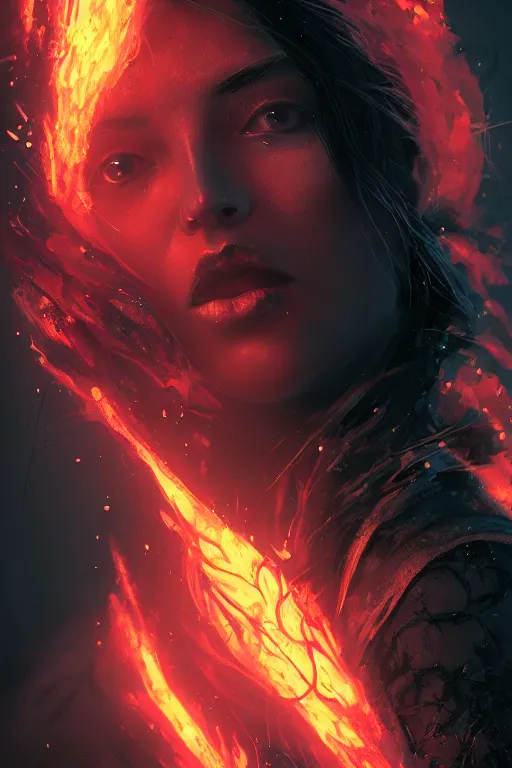 Image similar to a beautiful portrait of a young Demon women covered in deep purple flames by Greg Rutkowski, Sung Choi, Mitchell Mohrhauser, Maciej Kuciara, Johnson Ting, Maxim Verehin, Peter Konig, Bloodborne , 8k photorealistic, cinematic lighting, HD, high details, atmospheric , trending on artstation
