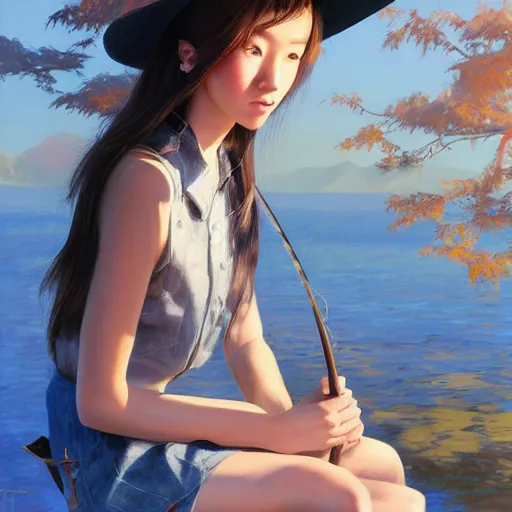 Prompt: oil painting by ilya kuvshinov,, baugh casey, craig mullins, coby whitmore, of a youthful japanese girl, long hair, fishing and wearing fisherman's outfit, fisherman's hat, highly detailed, breathtaking face, studio photography, noon, intense bounced light, water reflection, large tree casting shadow, serine intense sunlight