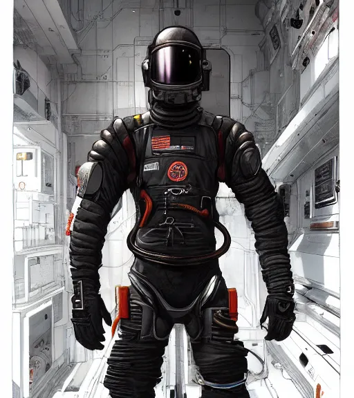 Image similar to realistic cyberpunk engineer with long limbs and a black spacesuit on a spacewalk, techwear, dead space, visible face, Industrial Scifi, detailed illustration, character portrait, by Ashley Wood and Moebius