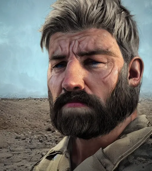 Image similar to portrait of muscular, tired and alcoholic 3 0 - year - ol 5 grieving man with short darkblonde hair, serious sad look in his eyes, looking down, dirty beard, blue eyes, crying tears, wearing dirty soldier uniform, on the desert, sad atmosphere, hyper realistic face, character art, art by mark brooks, cryengine, trending on artstation, digital art