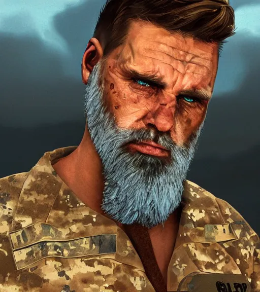 Image similar to portrait of muscular, tired and alcoholic 3 0 - year - ol 5 grieving man with short darkblonde hair, serious sad look in his eyes, looking down, dirty beard, blue eyes, crying tears, wearing dirty soldier uniform, on the desert, sad atmosphere, hyper realistic face, character art, art by mark brooks, cryengine, trending on artstation, digital art