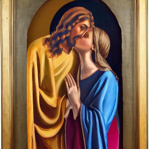 Image similar to 1 8 th oil panting of a jesus kissing a woman