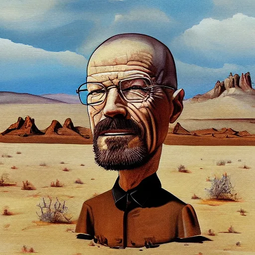 Prompt: A painting of Walter White in the New Mexico desert, by Salvador Dali