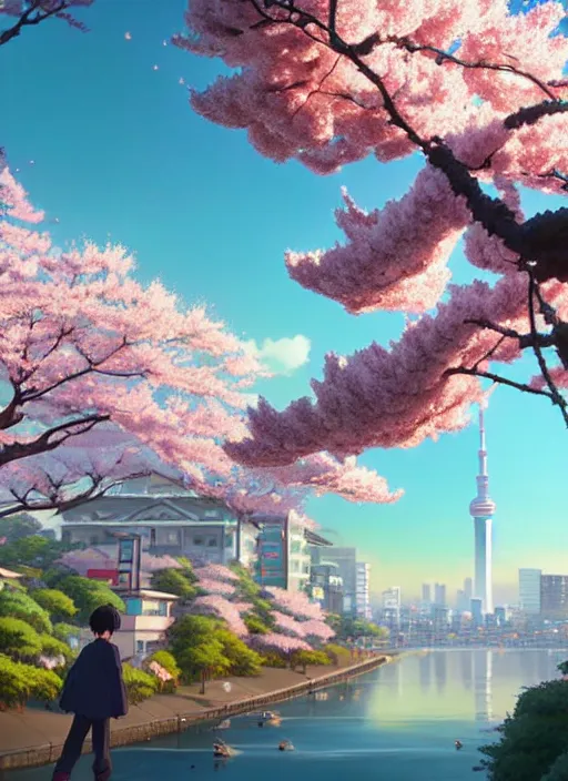 Image similar to a wholesome animation key shot, tokyo city in the background, cherry blossoms in the foreground, studio ghibli, pixar and disney animation, sharp, rendered in unreal engine 5, anime key art by greg rutkowski, bloom, dramatic lighting