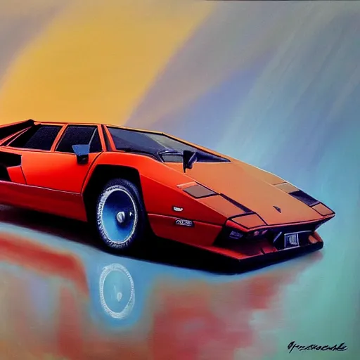 Image similar to A beautiful oil painting of a Lamborghini Countach, volumetric lighting, photorealistic, highly detailed.