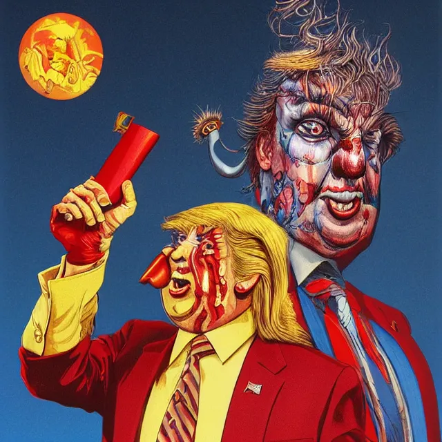 Image similar to donald trump is a disgusting clown, grotesque, horror, high details, intricate details, by vincent di fate, artgerm julie bell beeple, inking, vintage 9 0 s print, screen print