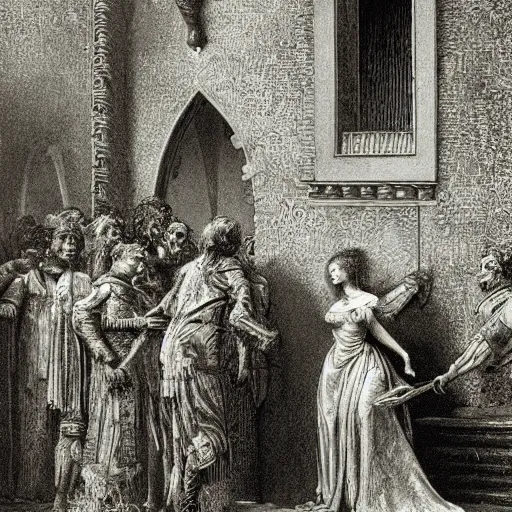 Prompt: a scene from romeo and juliet, high detail, illustration by gustave dore