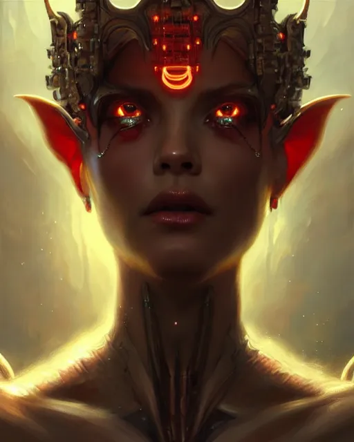 Image similar to concept art by artgerm, super attractive i robot demon queen with crown and red eyes, art by by gaston bussiere and greg rutkowski, soft natural light, intricate, elegant close - up portrait, highly detailed, digital painting, artstation, concept art, smooth, sharp focus, illustration, symmetry!!