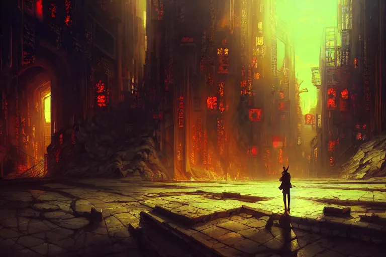 Prompt: baroque oil painting of anime key visual environment concept art of the gates of hell in the middle of a cyberpunk city, brutalist, dark fantasy, rule of thirds, digital cel shading, fake hidden detail, trending on pixiv fanbox, acrylic palette knife and brush, style of makoto shinkai studio ghibli jamie wyeth james gilleard greg rutkowski