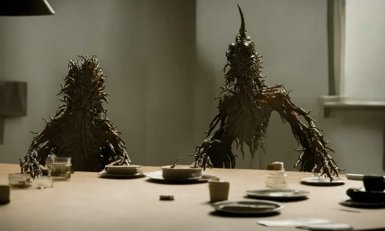 Prompt: a strange creature sits at a table, film still from the movie directed by Denis Villeneuve with art direction by David Cronenberg, close up, telephoto lens, shallow depth of field