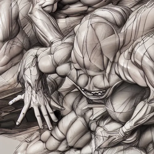 Image similar to a crawling mountain of muscles, highly detailed, anime, pale colors, award winning pictures, by studio mappa, by studio wit