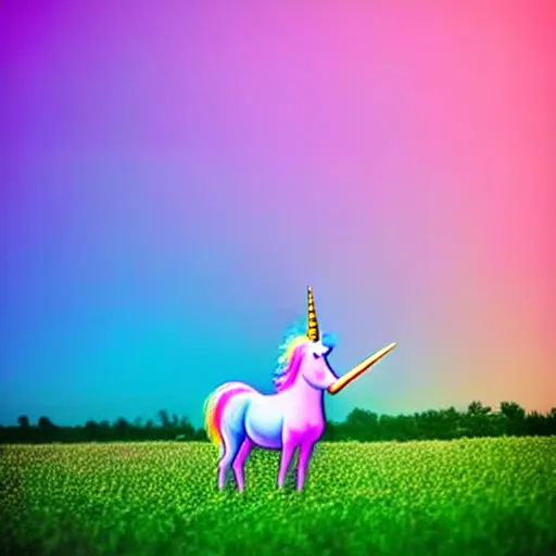 Prompt: an ultra high definition telephoto pastel coloured wildlife photograph of a magic unicorn eating an ice cream in a magical field. refraction, volumetric lighting iridescence.