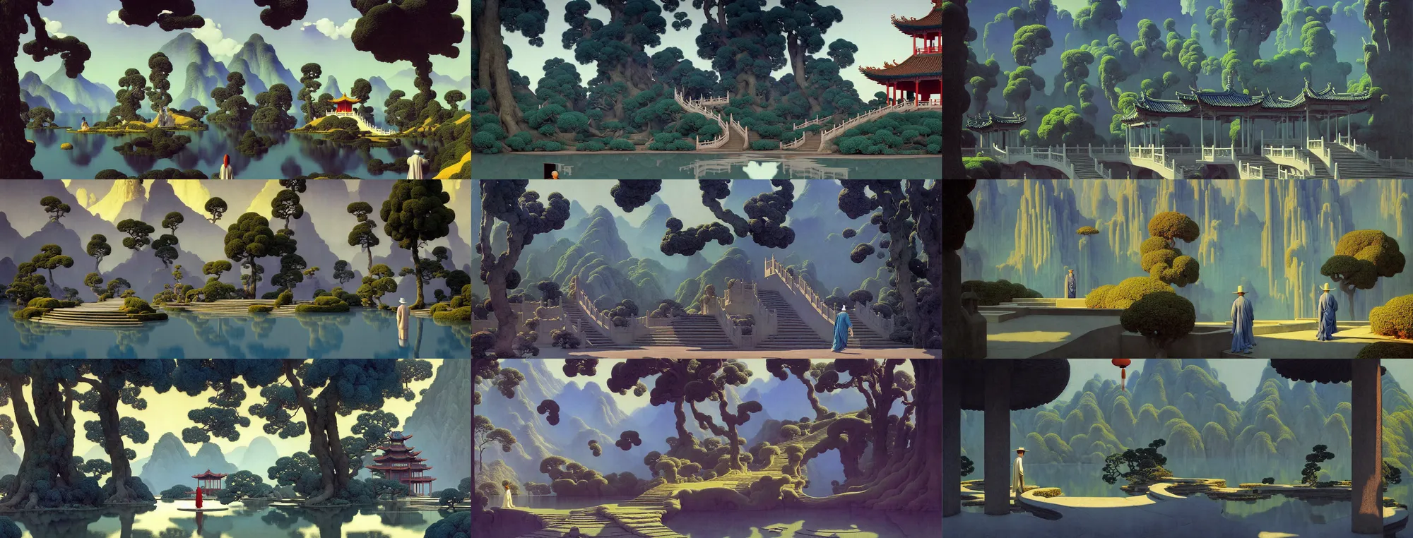 Image similar to a gorgeous landscape painting by barlowe wayne maxfield parrish and marco mazzoni. chinese temple. a lonely chinese taoist in grey blue long gown walks on the winding steps. ultra clear detailed. 3 d, octane render. turbulent blood lake.