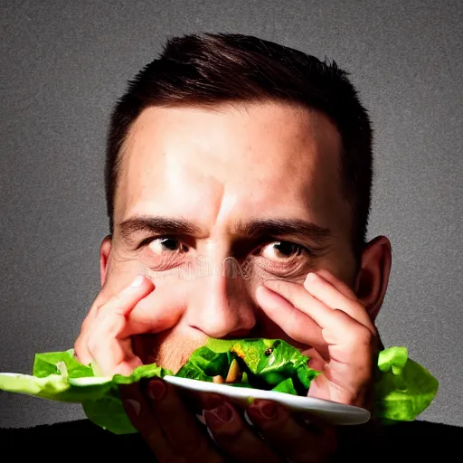 Prompt: close up headshot of a sad man eating salad, stock photograph, studio lighting, 4k, beautiful symmetric face, beautiful gazing eyes