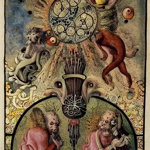 Prompt: furry freaky creature sings a unique canto about'as above so below'being ignited by the spirit of haeckel and robert fludd, breakthrough is iminent, glory be to the magic within, style of grotesques from medieval illuminated manuscripts