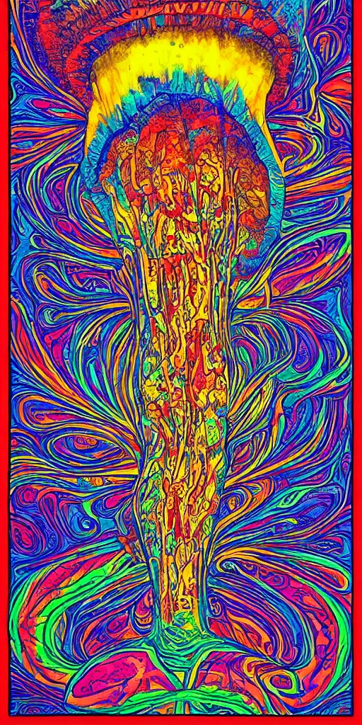 Prompt: psychedelic poster mushroom, poster, dmt, visionary art