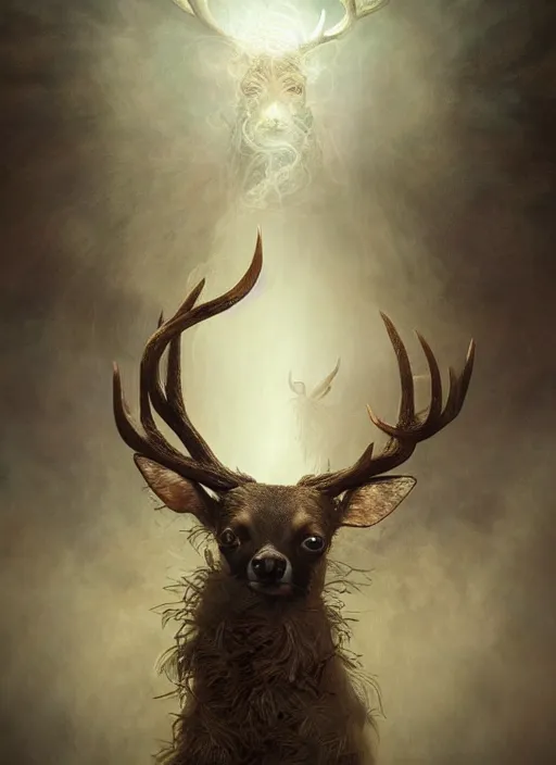 Prompt: deer chihuahua huge ominous glowing brown eyes staring into my soul, perfect eyes, soft pale golden skin, intricate stunning highly detailed, Agostino Arrivabene, Tomasz Strzalkowski, twisted bright lucid dream, 8k portrait render, angel wings, swirling thick smoke , beautiful lighting, dark fantasy art, cgsociety