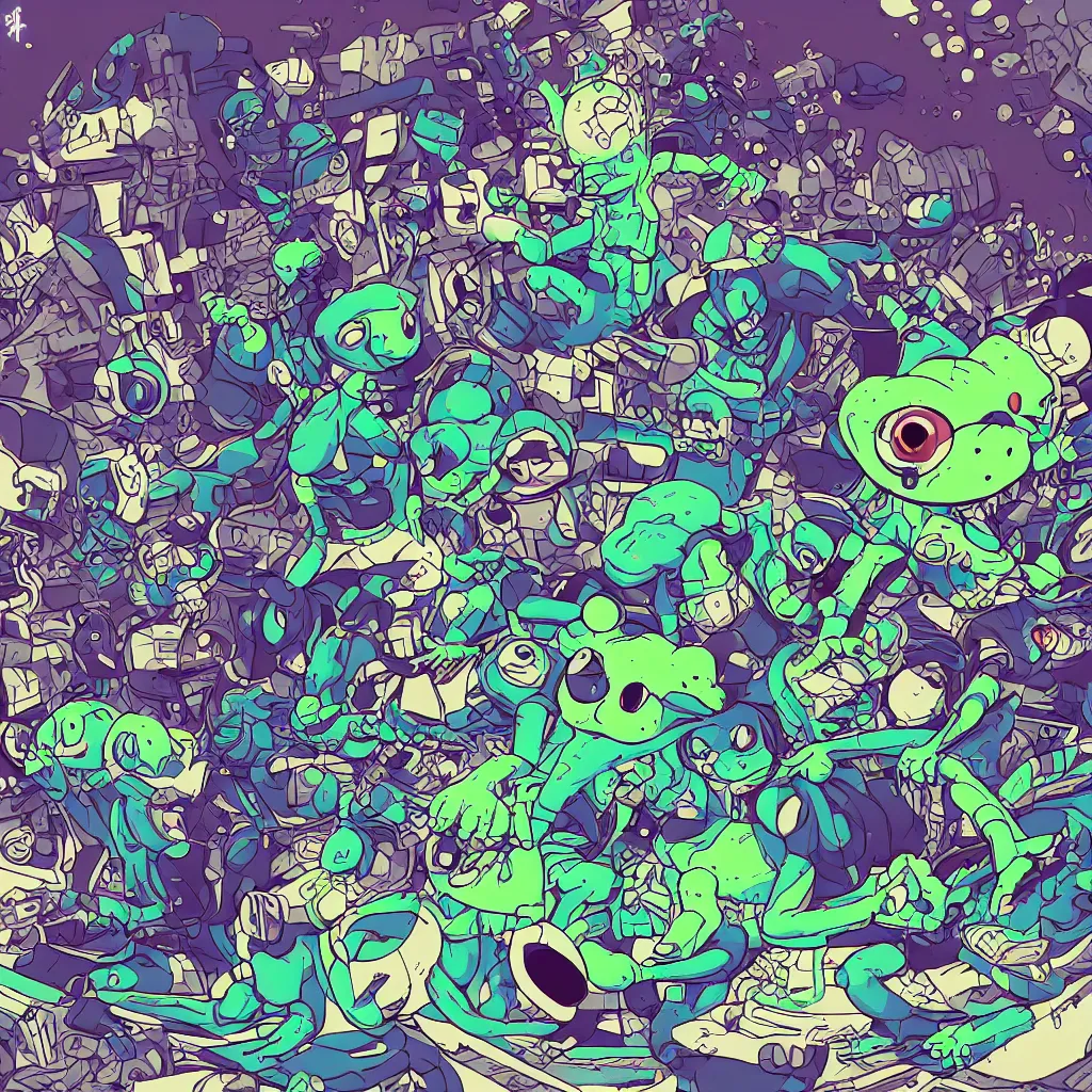 Image similar to toads, deconstructed amphibian, ryuta ueda artwork, breakcore, style of jet set radio, y 2 k, gloom, space, cel - shaded art style, indigo rainbow, data, minimal, code, cybernetic, dark, eerie, cyber