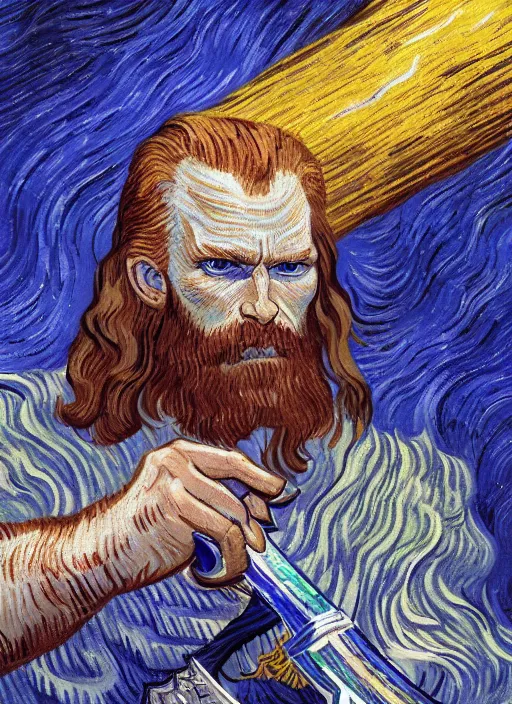 Image similar to close-up of character concept portrait of a Thor conjuring a violent royal blue thunder, a floating iridescent blade sword of chaos from God of War in the center, intricate, elegant, digital painting, concept art, smooth, sharp focus, illustration, by Vincent van Gogh