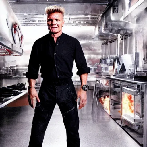 Image similar to gordon ramsay has the terminator cyborg and a movie still