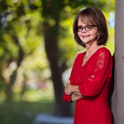 Image similar to dslr portrait still of sally field wearing a beautiful red dress, 8 k 8 5 mm f 1. 4