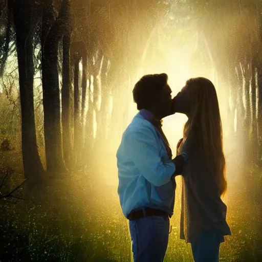 Image similar to a fantastic dreamy image of a vision of a couple having a loving kiss, in the form of spirit people dreaming, ethereal, dreamlike, misty, godrays, golden amber light