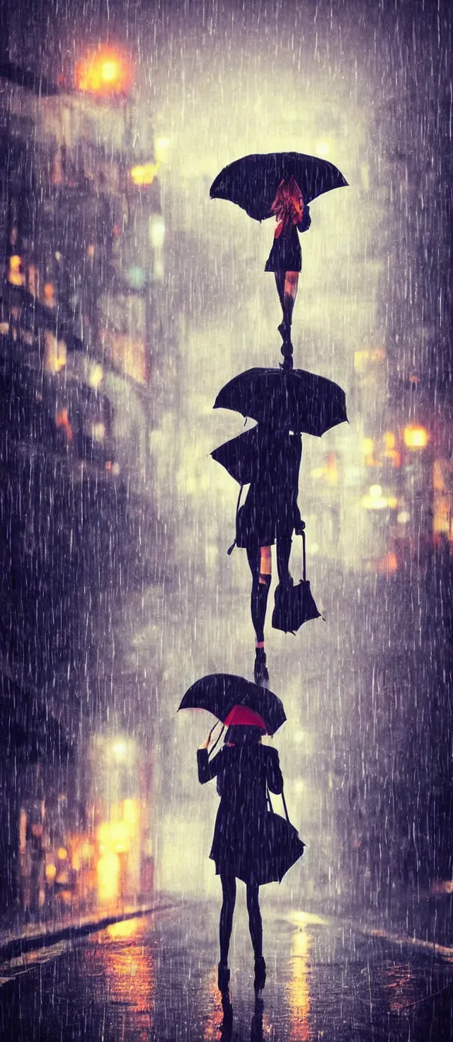 Image similar to lonely girl with umbrella on the wet road, rain, thunder, fog, night street, anime style