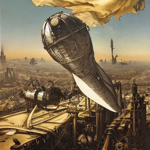 Prompt: A scene from a steampunk world, with a dirigible in the background and a Zeppelin in the foreground, oil painting, matte, black background, by J.C. Leyendecker and H.R. Giger