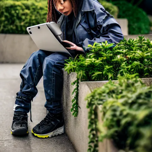 Image similar to candid photographic portrait of a poor techwear mixed young woman using a flip phone inside a dystopian city, closeup, beautiful garden terraces in the background, sigma 85mm f/1.4, 4k, depth of field, high resolution, 4k, 8k, hd, full color