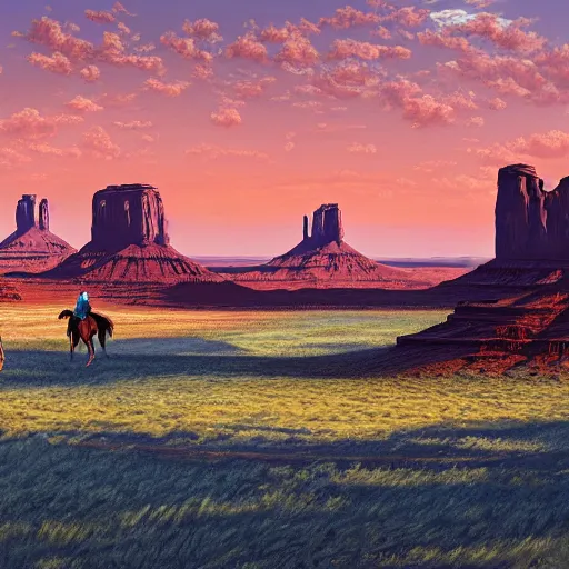 Image similar to the wild west, cowboys riding horses, monument valley, blue sky, american romanticism, masterpiece, oil painting, 4 k render