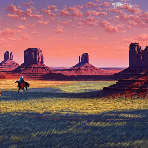 Prompt: the wild west, cowboys riding horses, monument valley, blue sky, american romanticism, masterpiece, oil painting, 4 k render