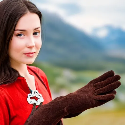 Image similar to a dark - haired girl trying on a brown hitch - hiking glove