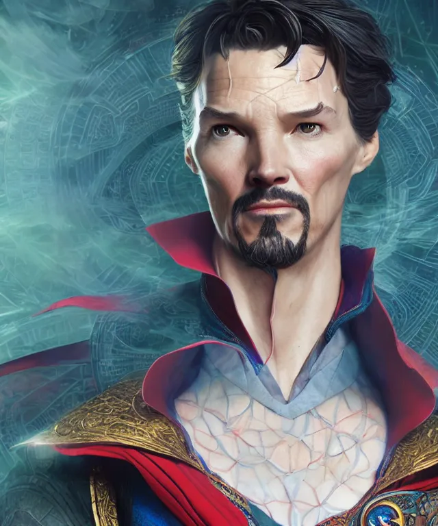 Image similar to doctor strange as a female, au naturel, hyper detailed, digital art, trending in artstation, cinematic lighting, studio quality, smooth render, unreal engine 5 rendered, octane rendered, art style by klimt and nixeu and ian sprigger and wlop and krenz cushart