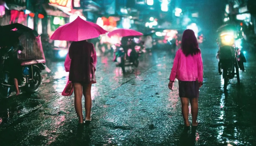 Image similar to street of hanoi, photography, night, rain, mist, a girl with pink hair, cinestill 8 0 0 t, in the style of william eggleston