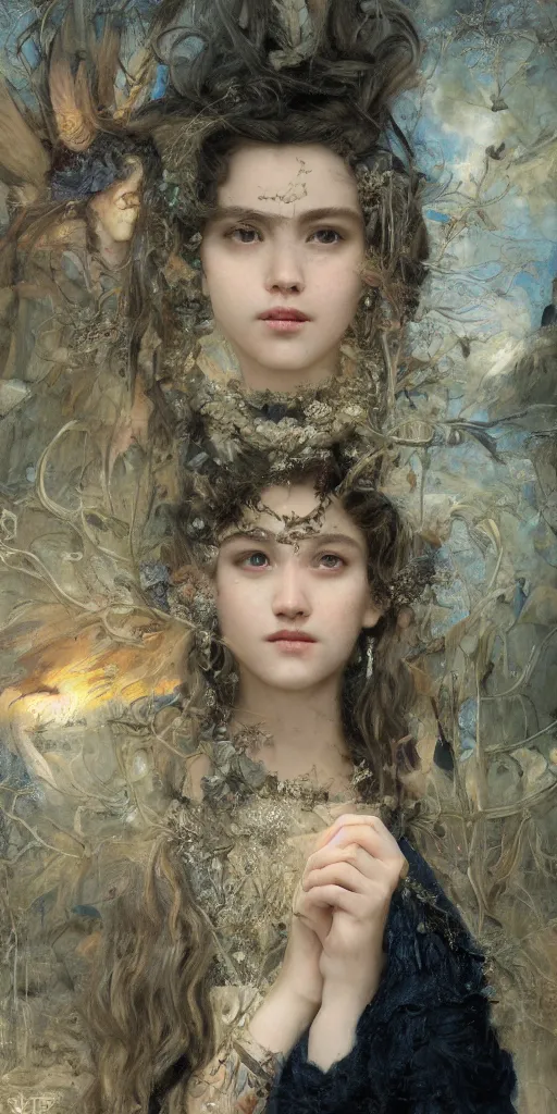 Image similar to masterpiece veracious pertinence salve Reginae, masterpiece by Edgar Maxence and Ross Tran and Michael Whelan and Caravaggio artistic, intricate drawing, realistic fantasy, extremely detailed and beautiful aesthetic celtic face, establishing shot, 8k resolution, dramatic lighting,