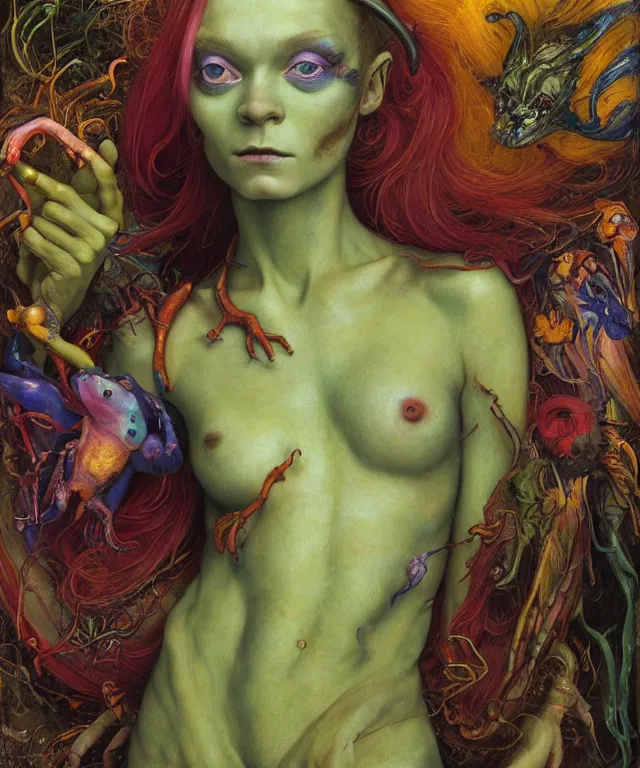 Prompt: a portrait photograph of a colorful alien clawed harpy succubus super villian with amphibian skin. she looks like sadie sink and is being wrapped in a colorful slimy organic membrane catsuit. by donato giancola, hans holbein, walton ford, gaston bussiere, peter mohrbacher and brian froud. 8 k, cgsociety, fashion editorial