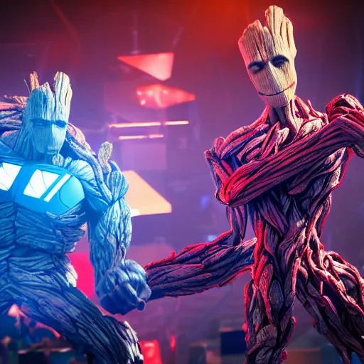 Image similar to groot and optimus prime dancing at techno party among people, wide shoot, octane render, ultra realistic