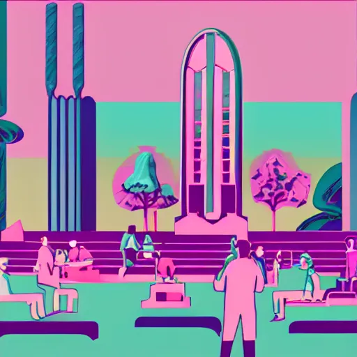 Prompt: art deco vaporwave illustration of a park with trees, benches, and a few people playing a tile game, with a futuristic pink pastel city in the background