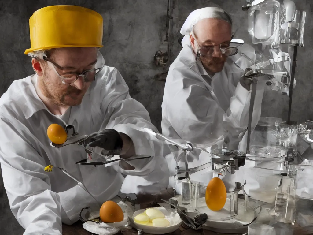 Prompt: A fantasy scientist measuring eggs using a calipers, 4k